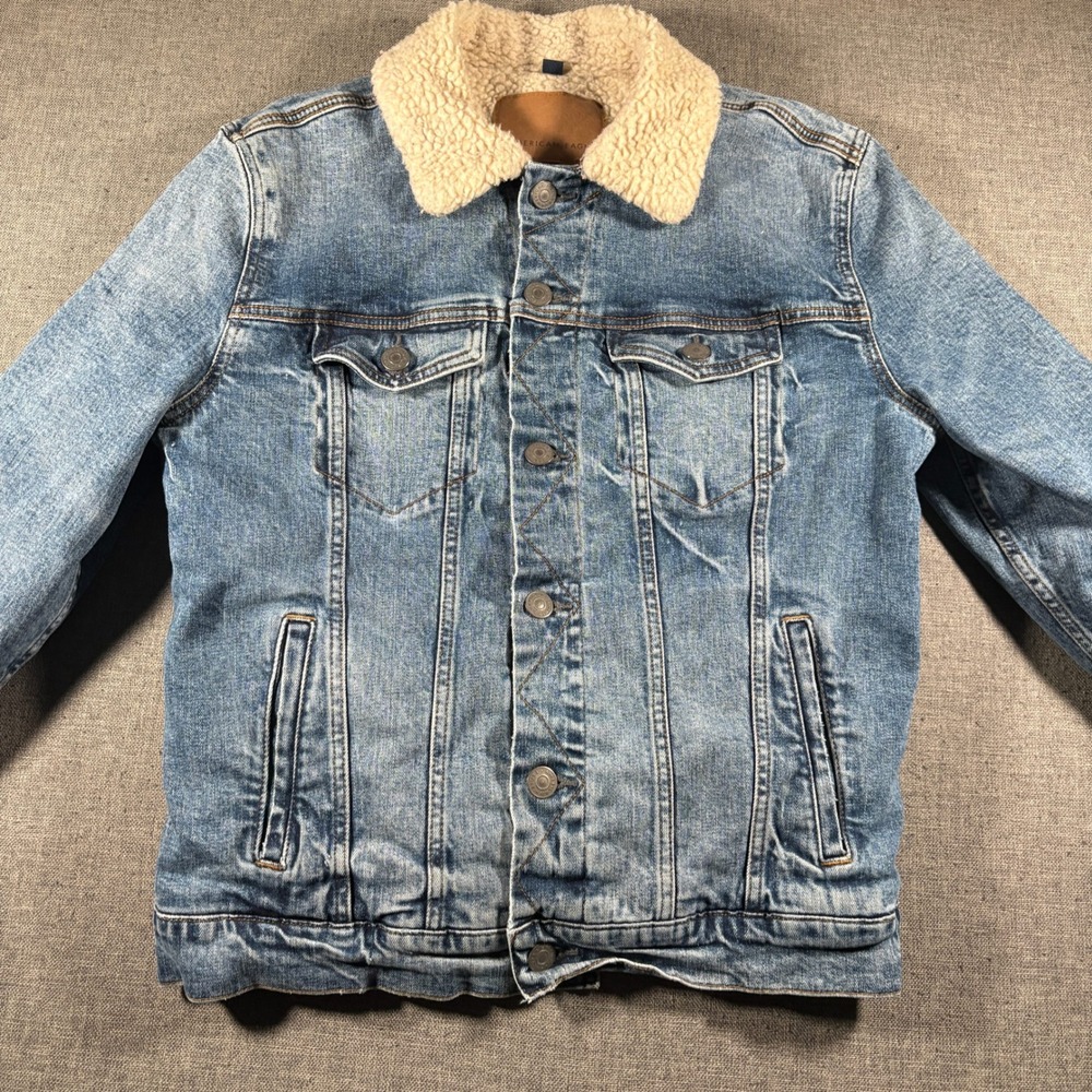 American Eagle Denim Jacket Women Medium Blue Sherpa Lined Flex Trucker Jacket